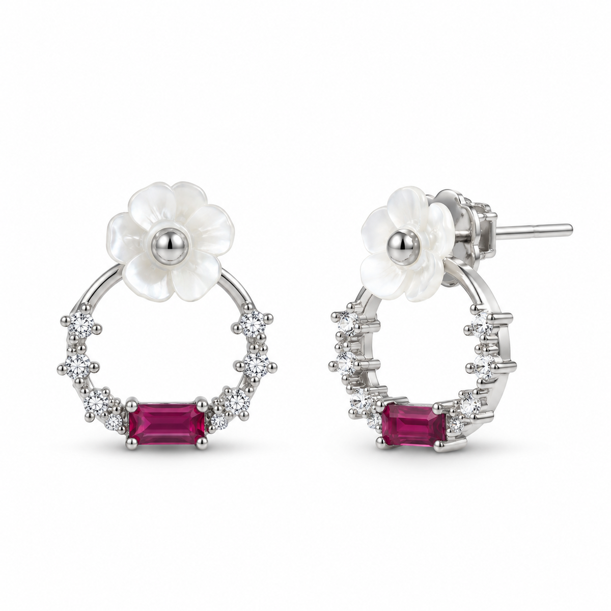 Flower & Pink CZ Circle Studs