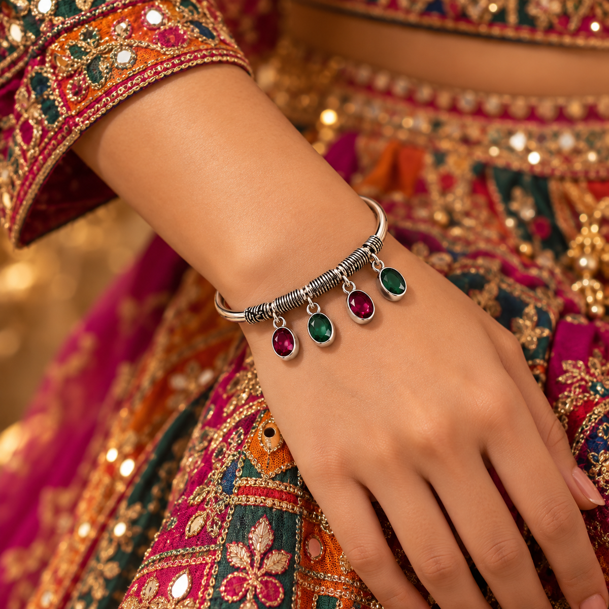 Oxidised Gemstone Charm Bangle