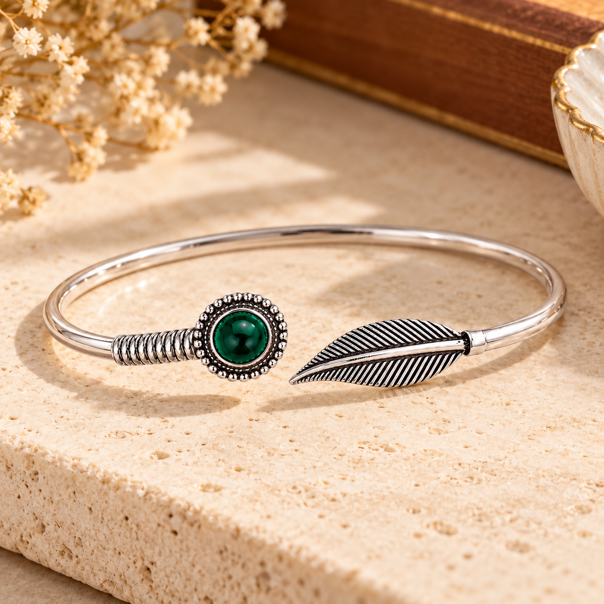 Feather & Malachite Open Cuff