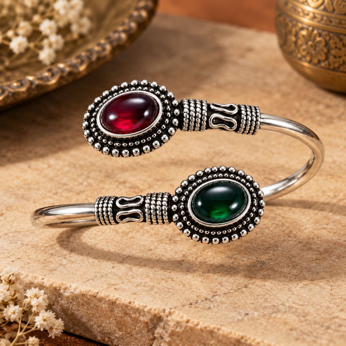 Dual-Stone Antique Cuff Bangle