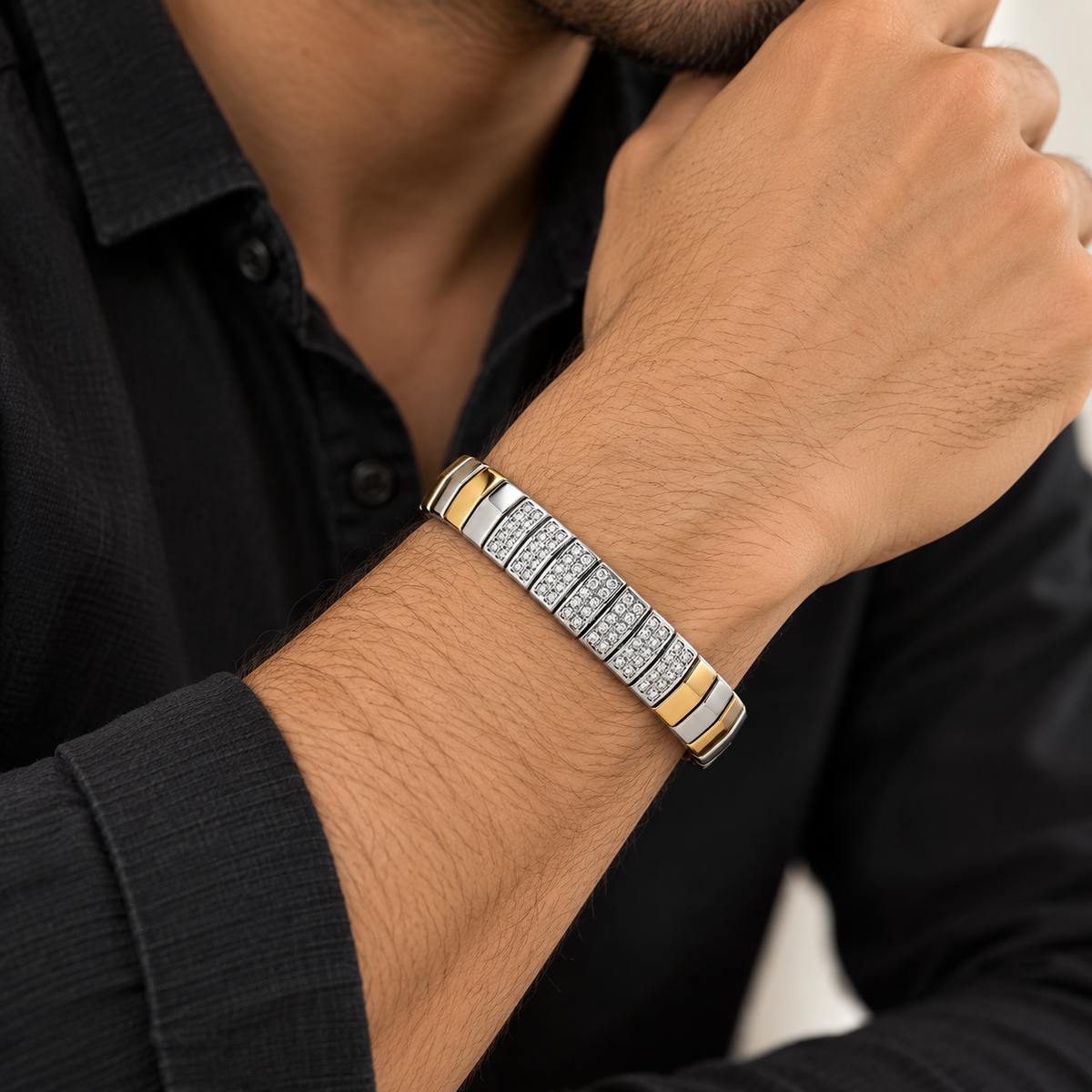 Dual-Tone CZ Link Bracelet for Men