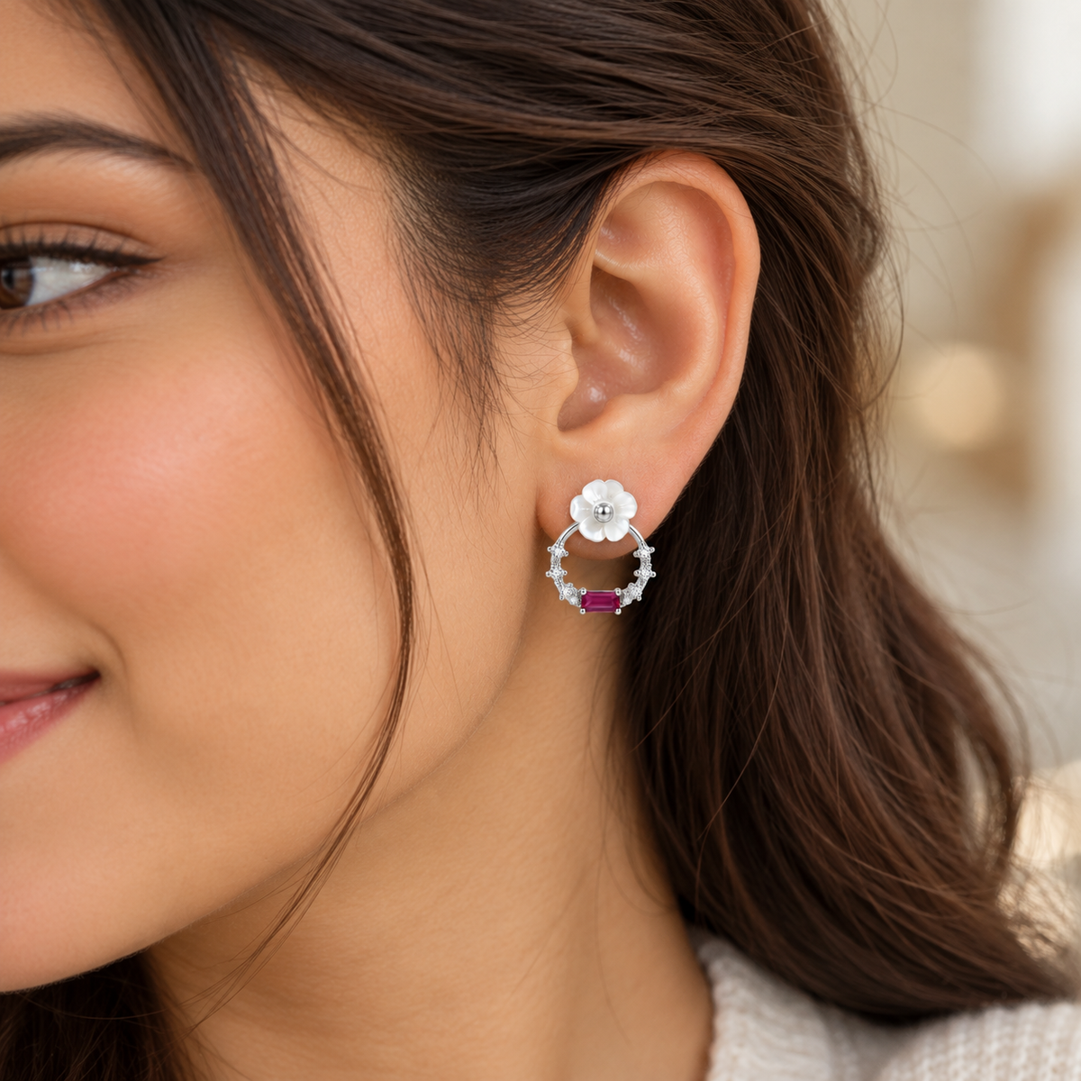 Flower & Pink CZ Circle Studs