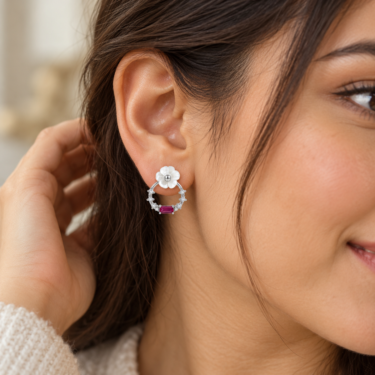 Flower & Pink CZ Circle Studs