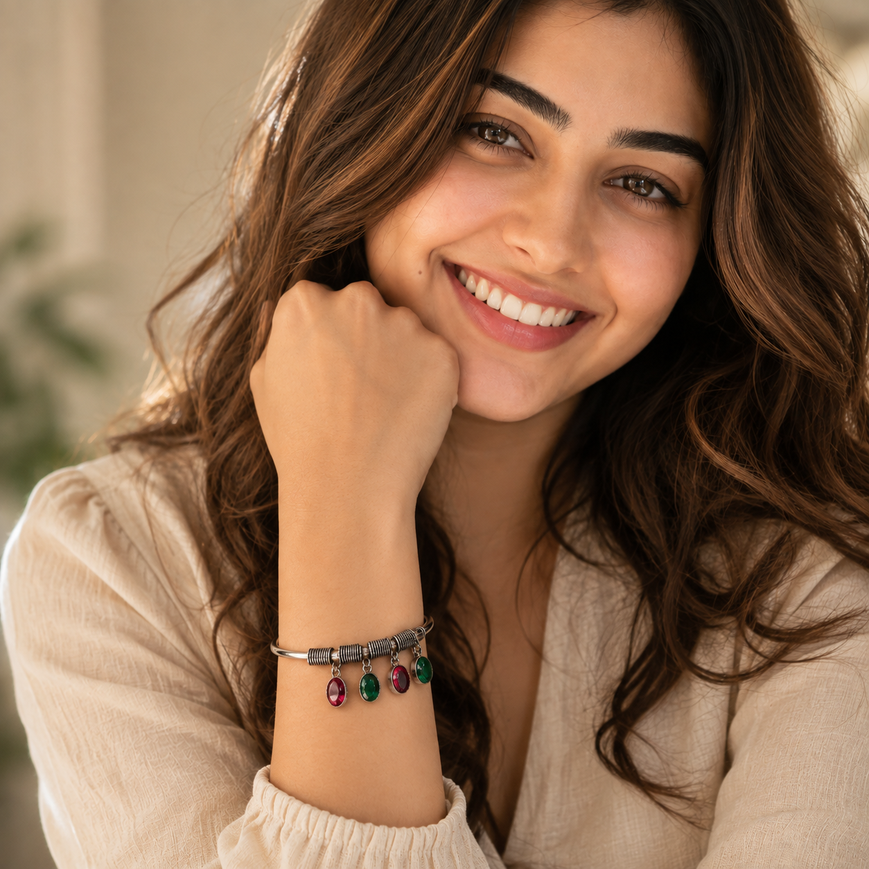 Oxidised Gemstone Charm Bangle