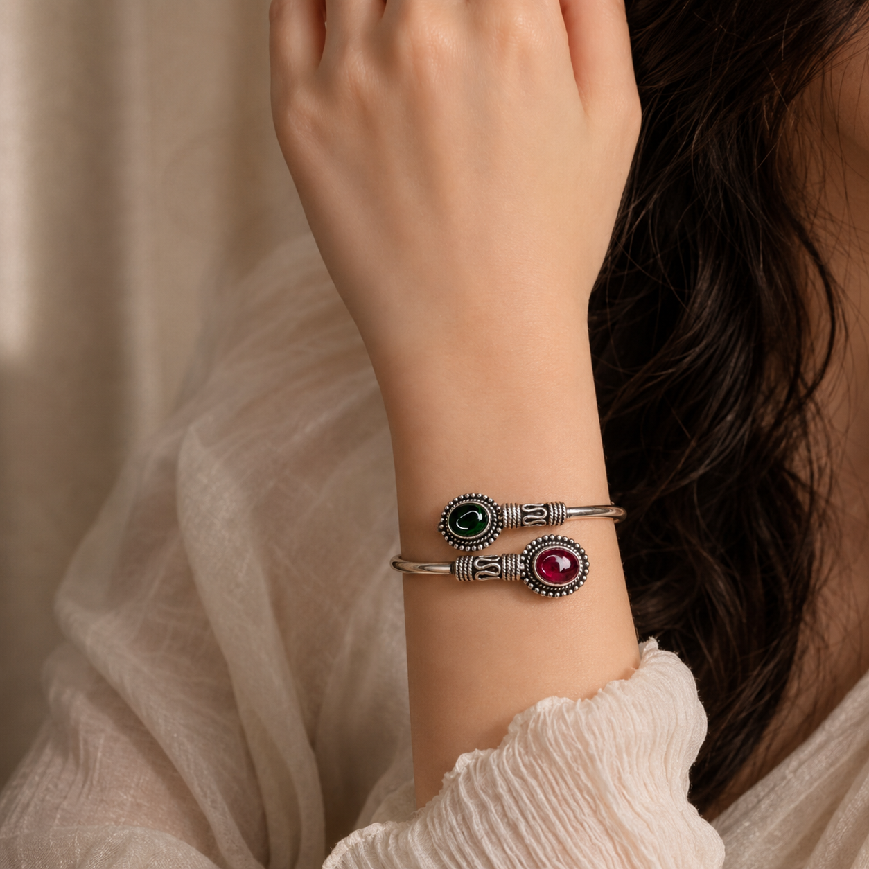 Dual-Stone Antique Cuff Bangle
