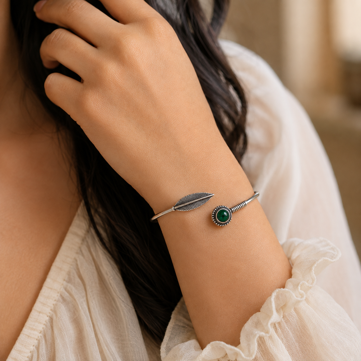 Feather & Malachite Open Cuff