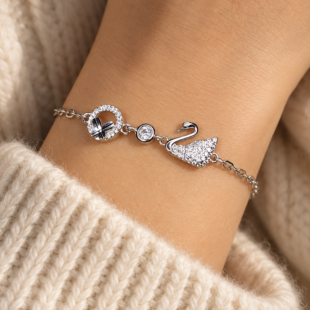 Pave Swan & Circle Charm Bracelet