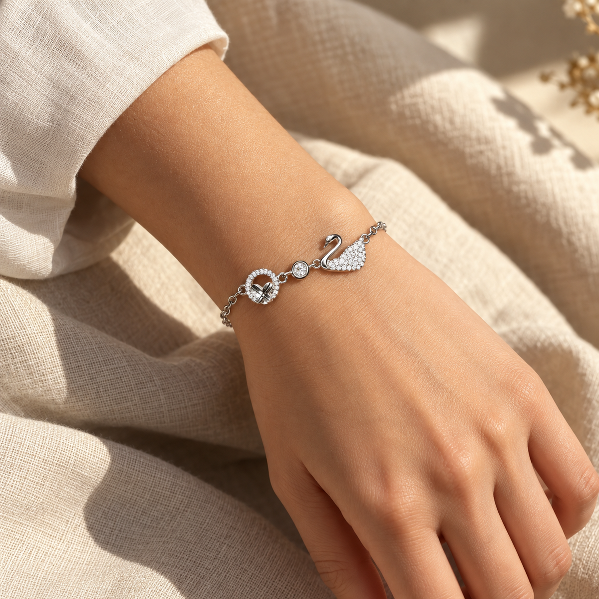 Pave Swan & Circle Charm Bracelet