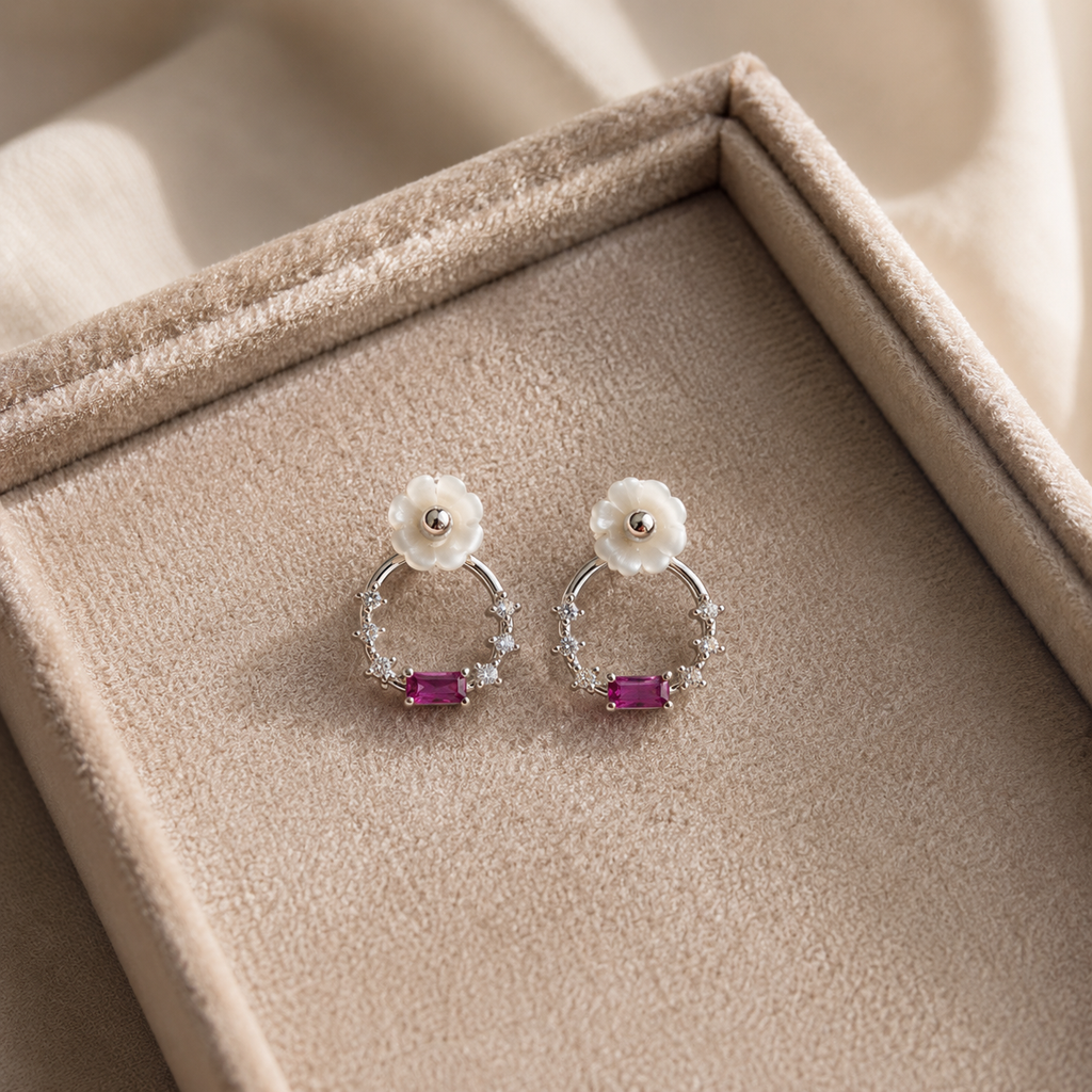 Flower & Pink CZ Circle Studs