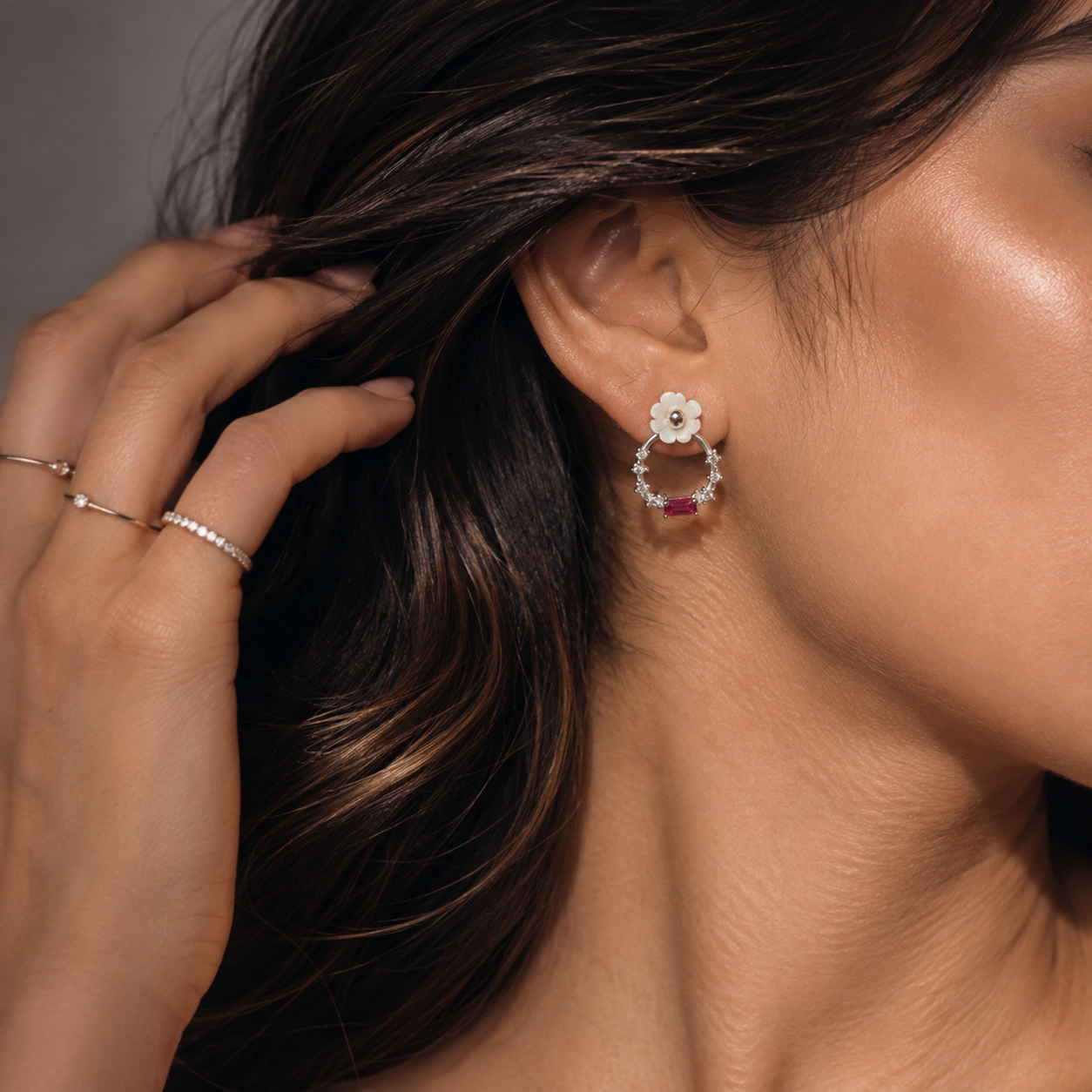 Flower & Pink CZ Circle Studs