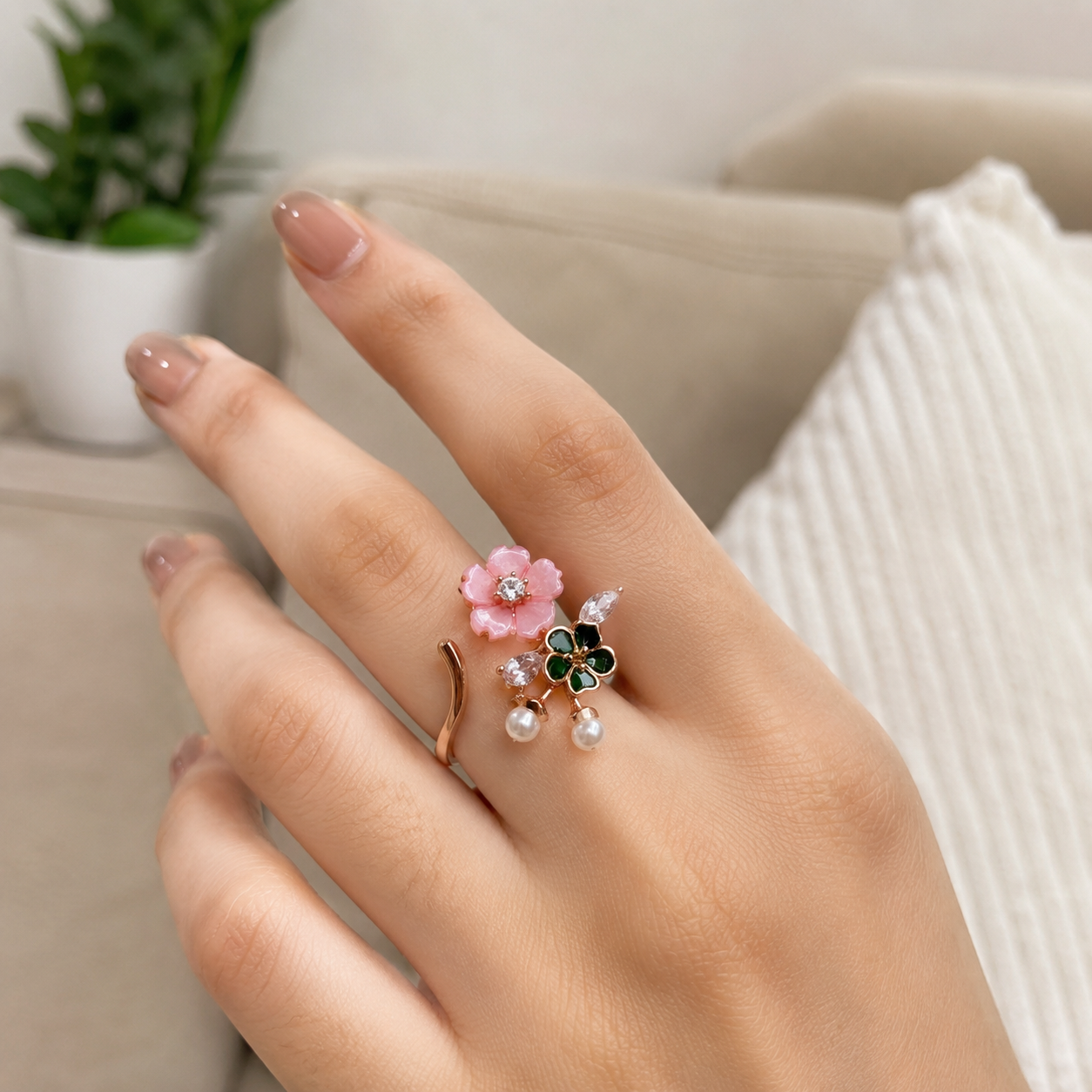 Cherry Blossom & Clover Pearl Ring