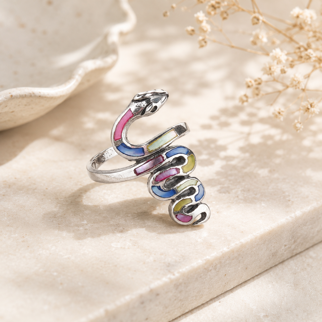 Coiled Serpent Rainbow Enamel Ring