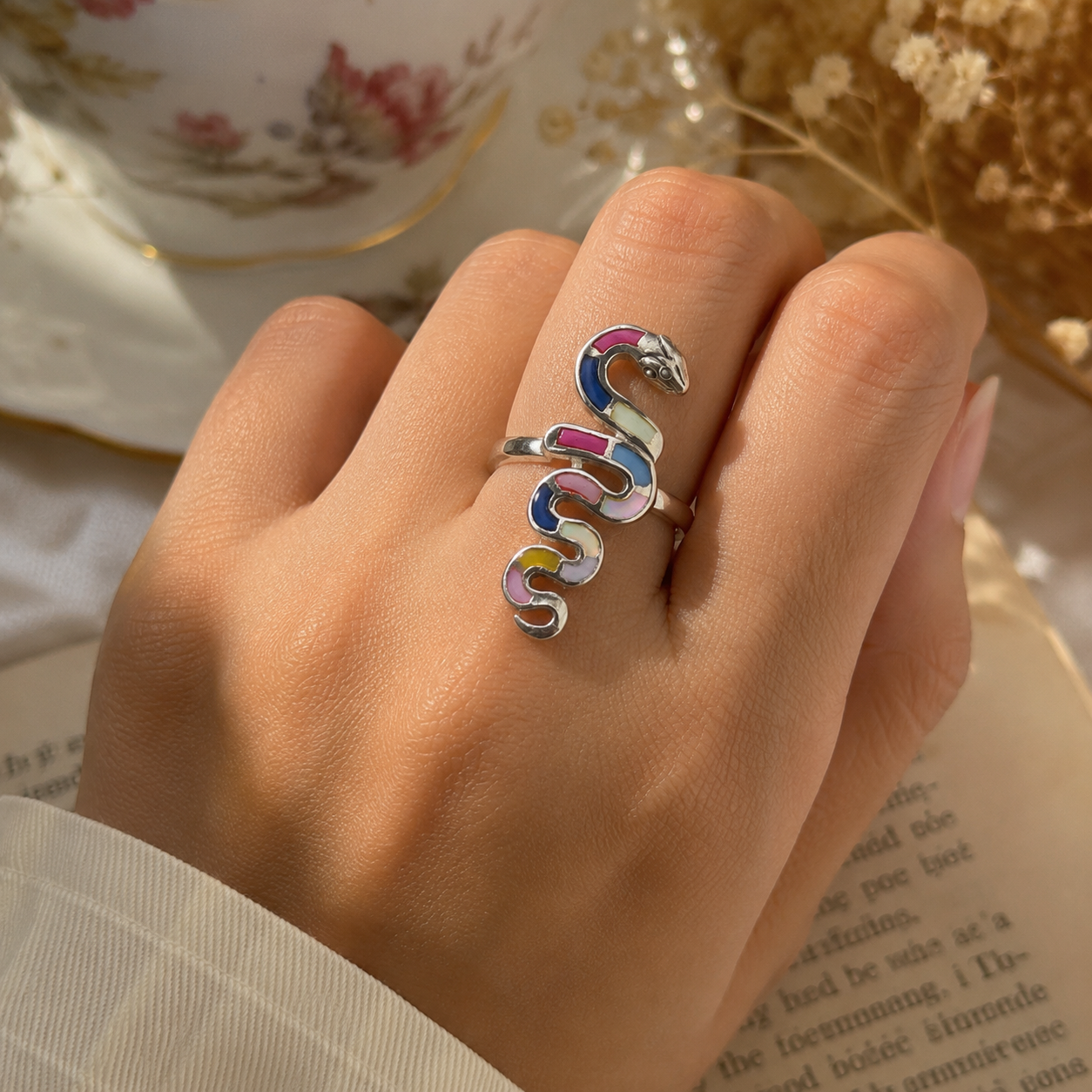 Coiled Serpent Rainbow Enamel Ring