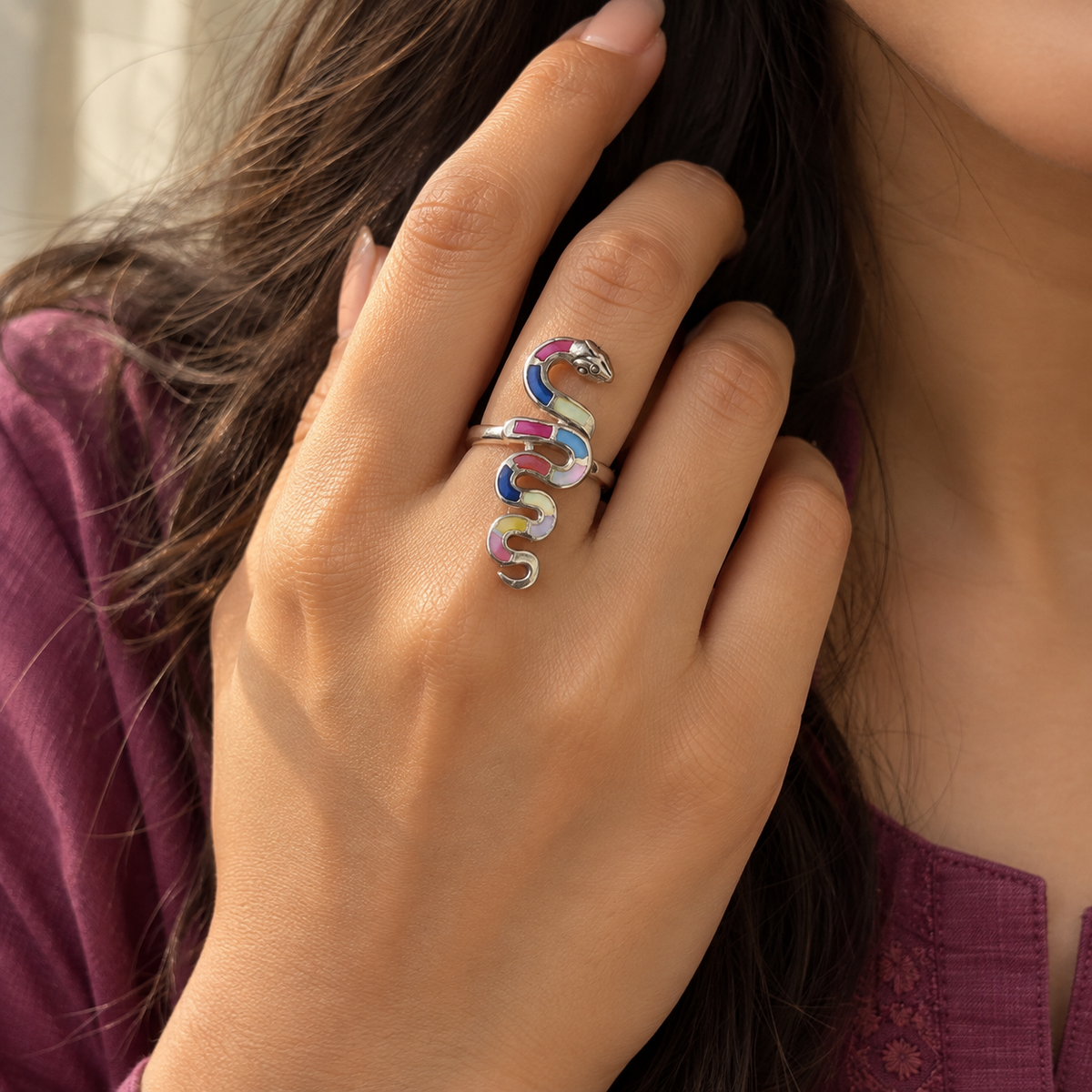 Coiled Serpent Rainbow Enamel Ring