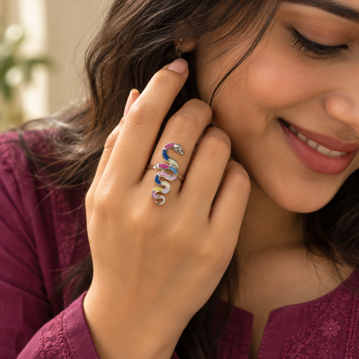 Coiled Serpent Rainbow Enamel Ring