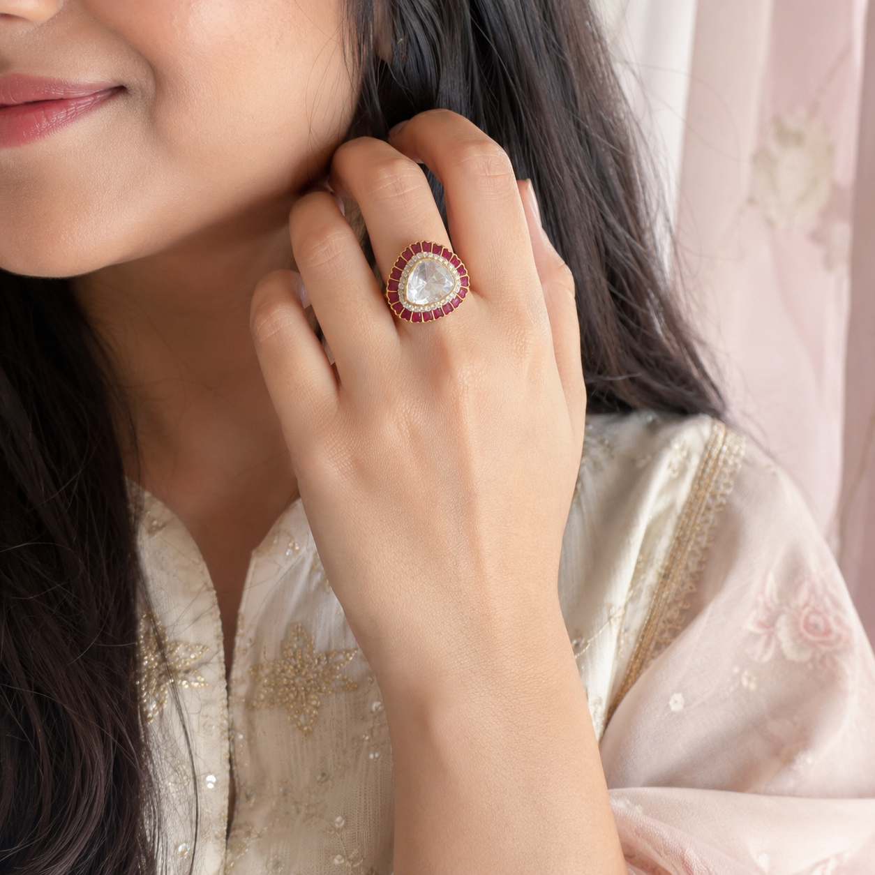 Gold Kundan Ruby Halo Ring