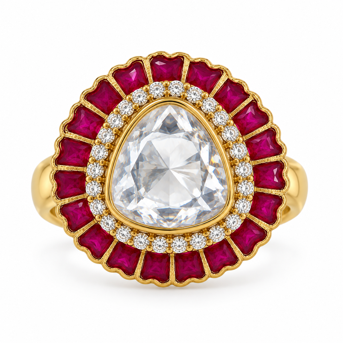 Gold Kundan Ruby Halo Ring