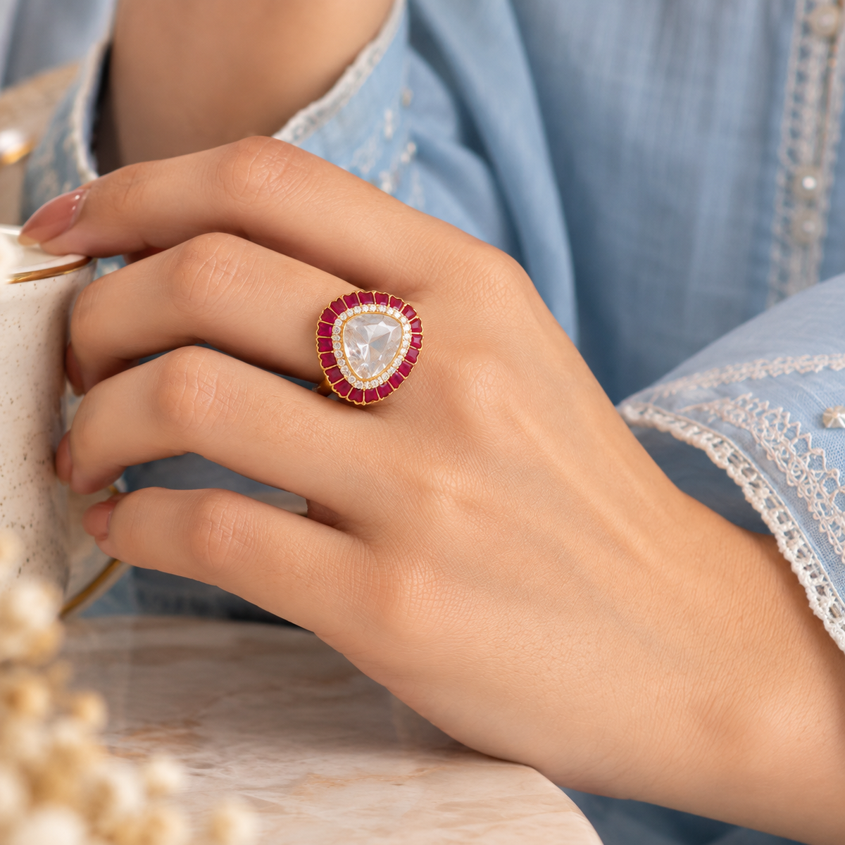 Gold Kundan Ruby Halo Ring