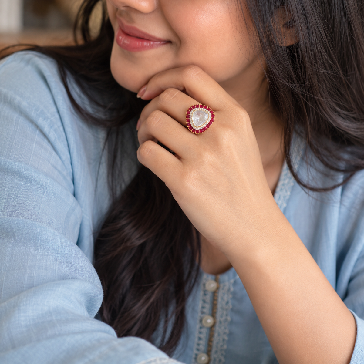 Gold Kundan Ruby Halo Ring
