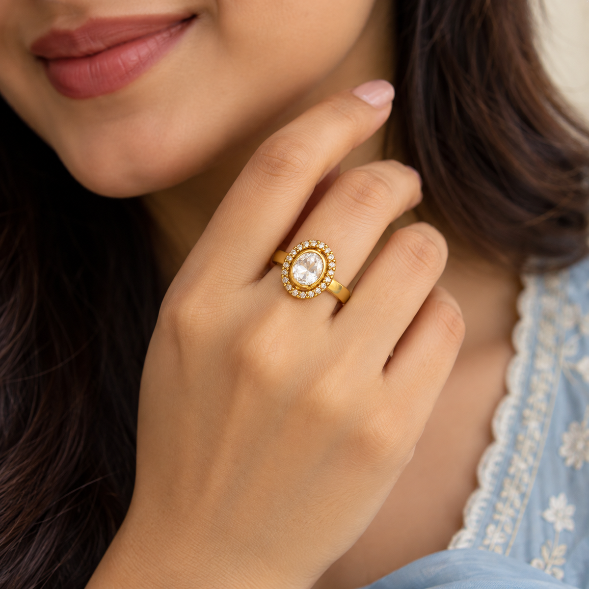 Gold Oval Halo Ring