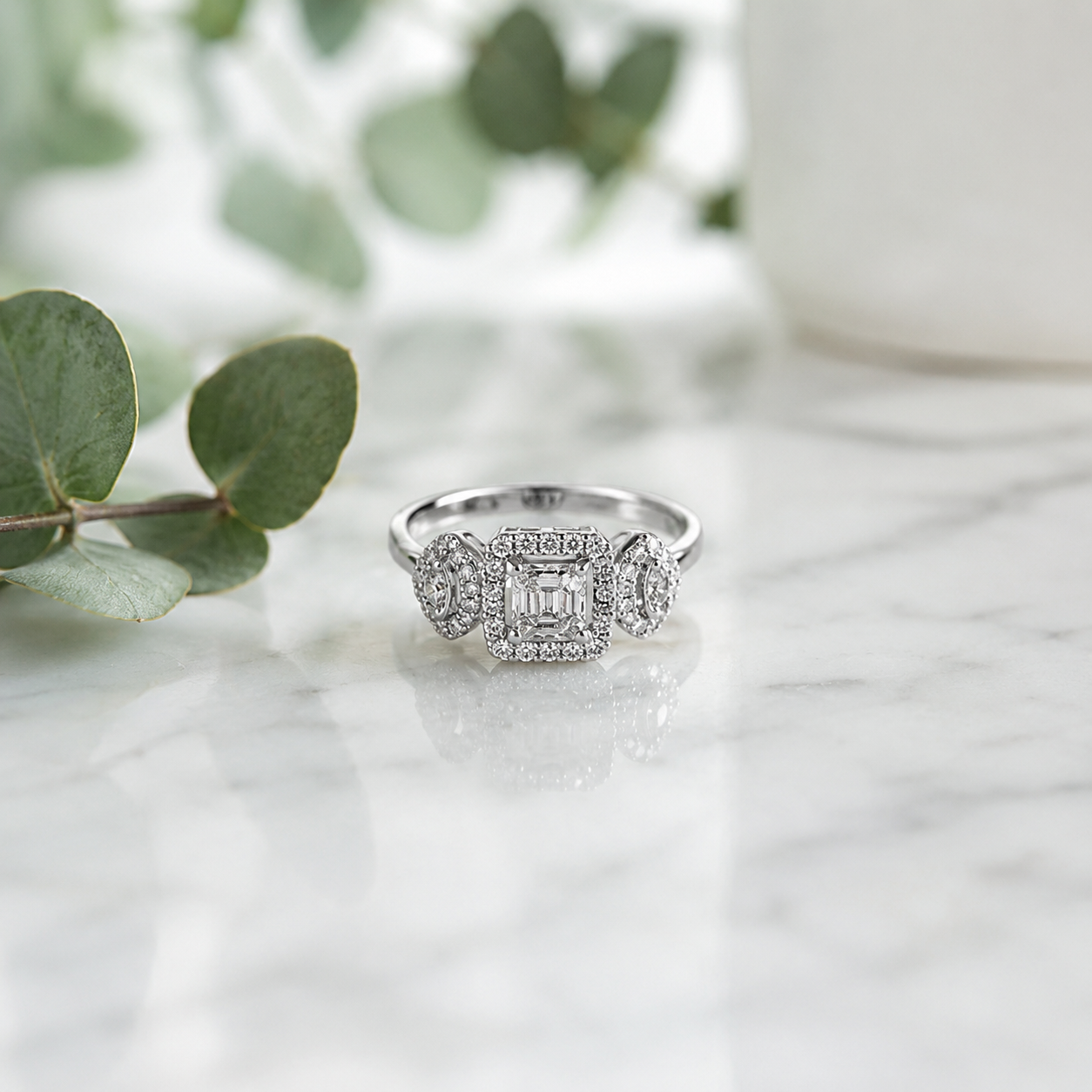 Baguette Cluster Three-Stone Halo Ring