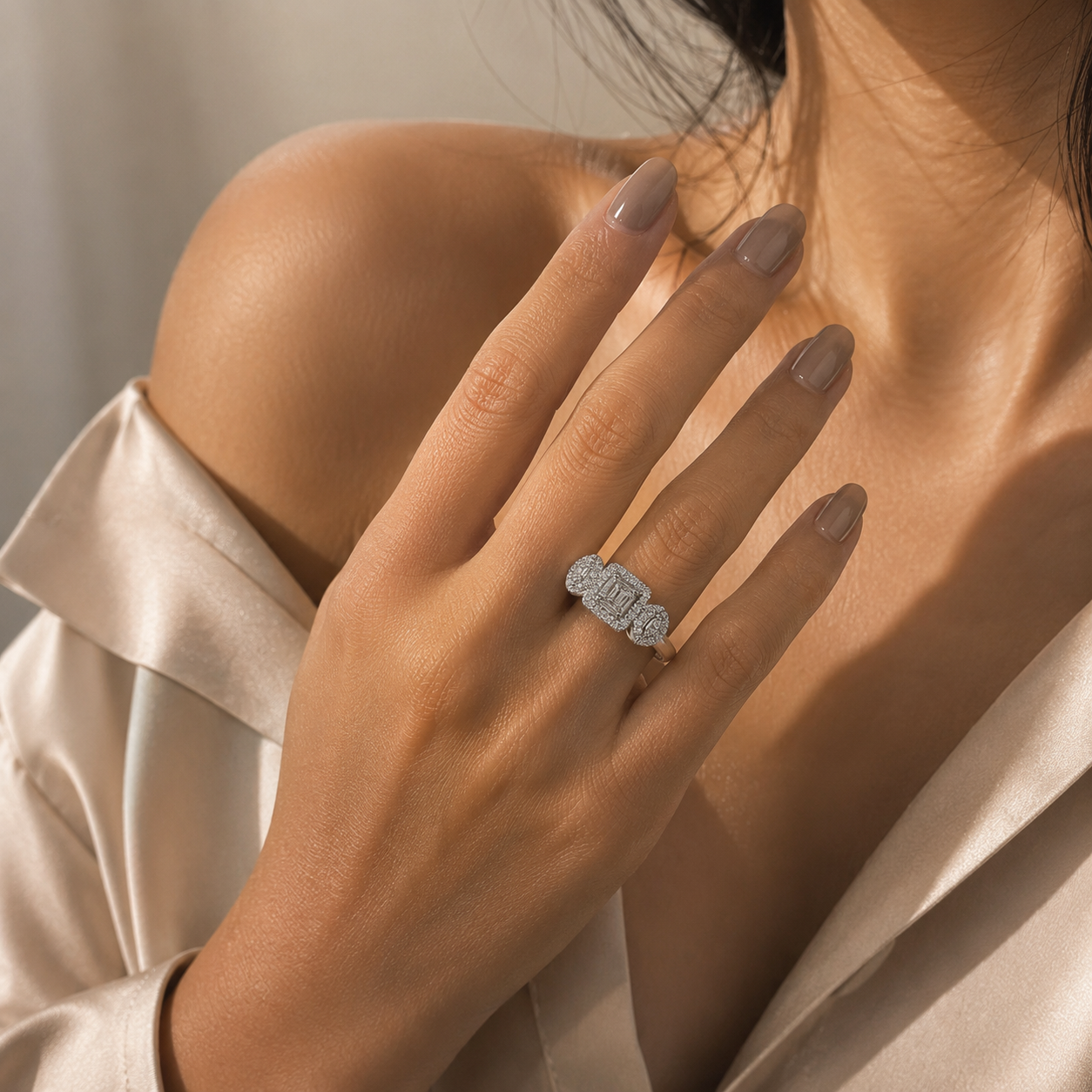Baguette Cluster Three-Stone Halo Ring