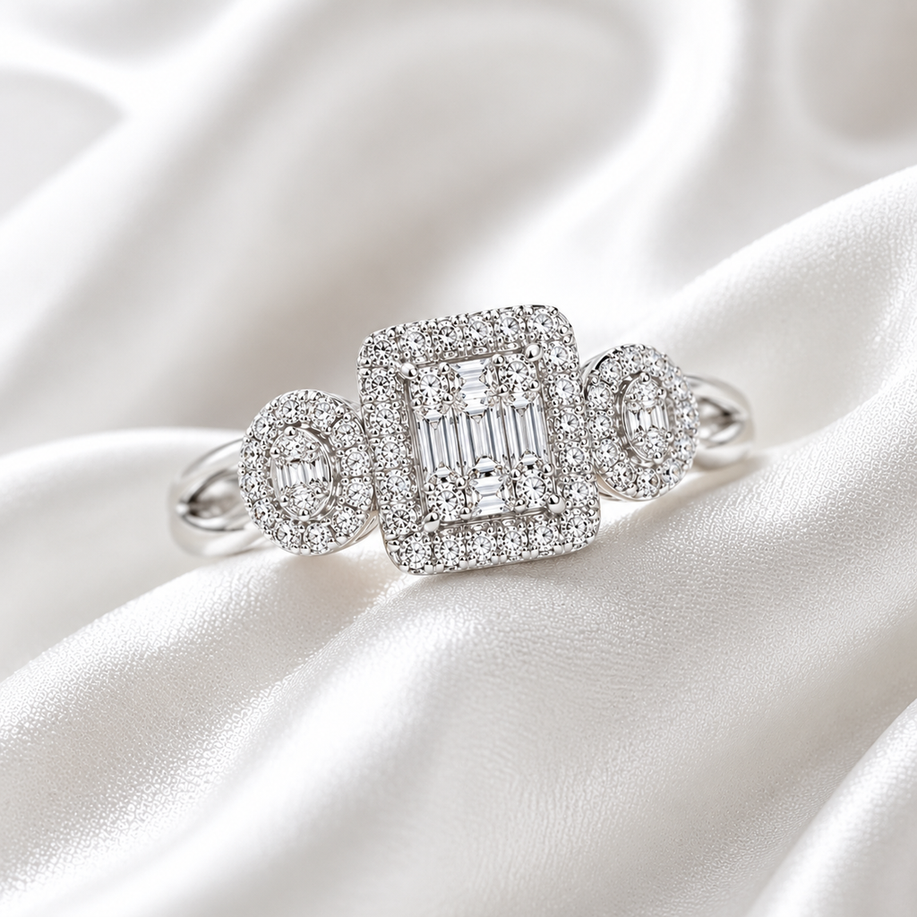 Baguette Cluster Three-Stone Halo Ring