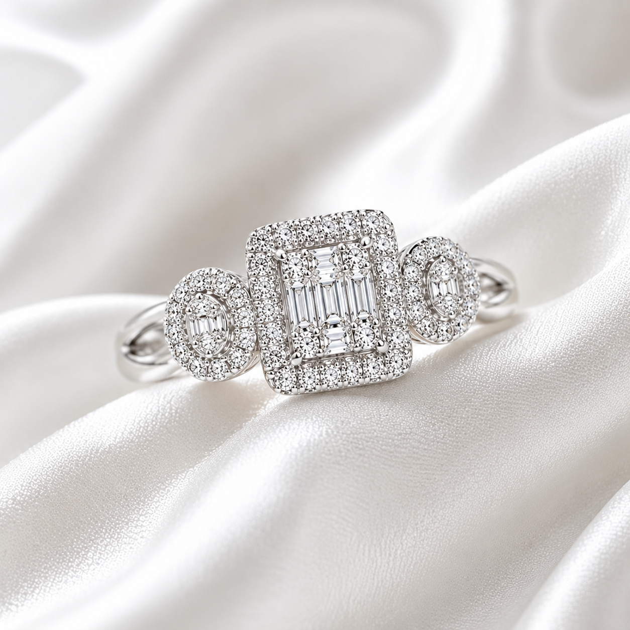 Baguette Cluster Three-Stone Halo Ring