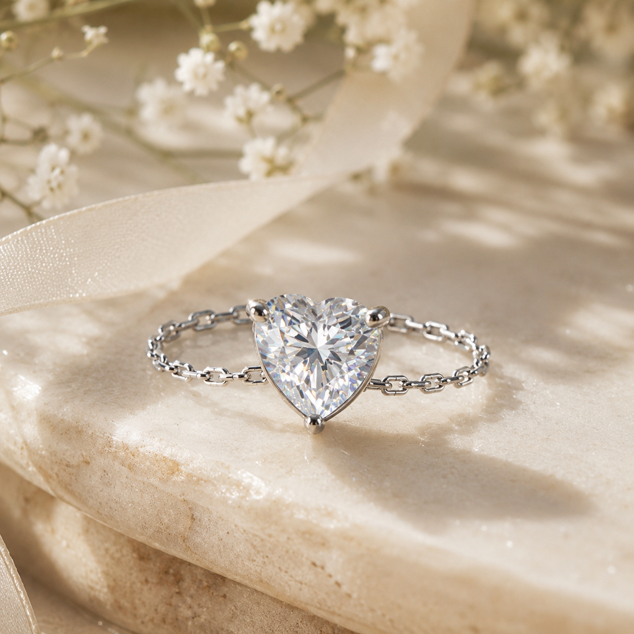 Heart-Cut Solitaire Chain Band Ring