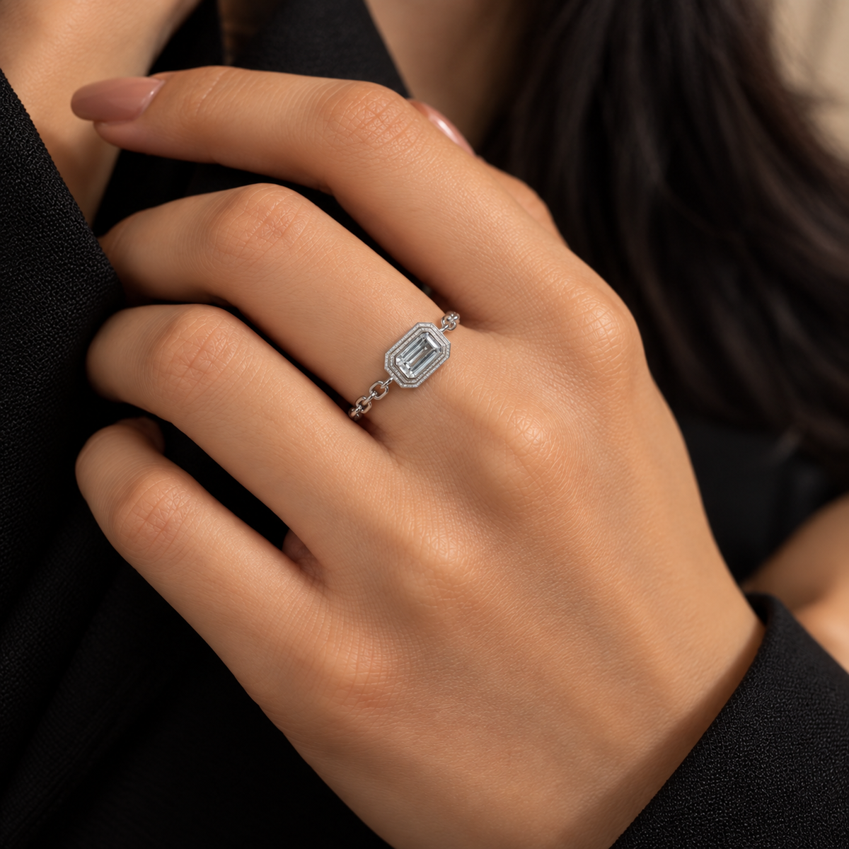 Bezel Emerald-Cut CZ Chain Ring