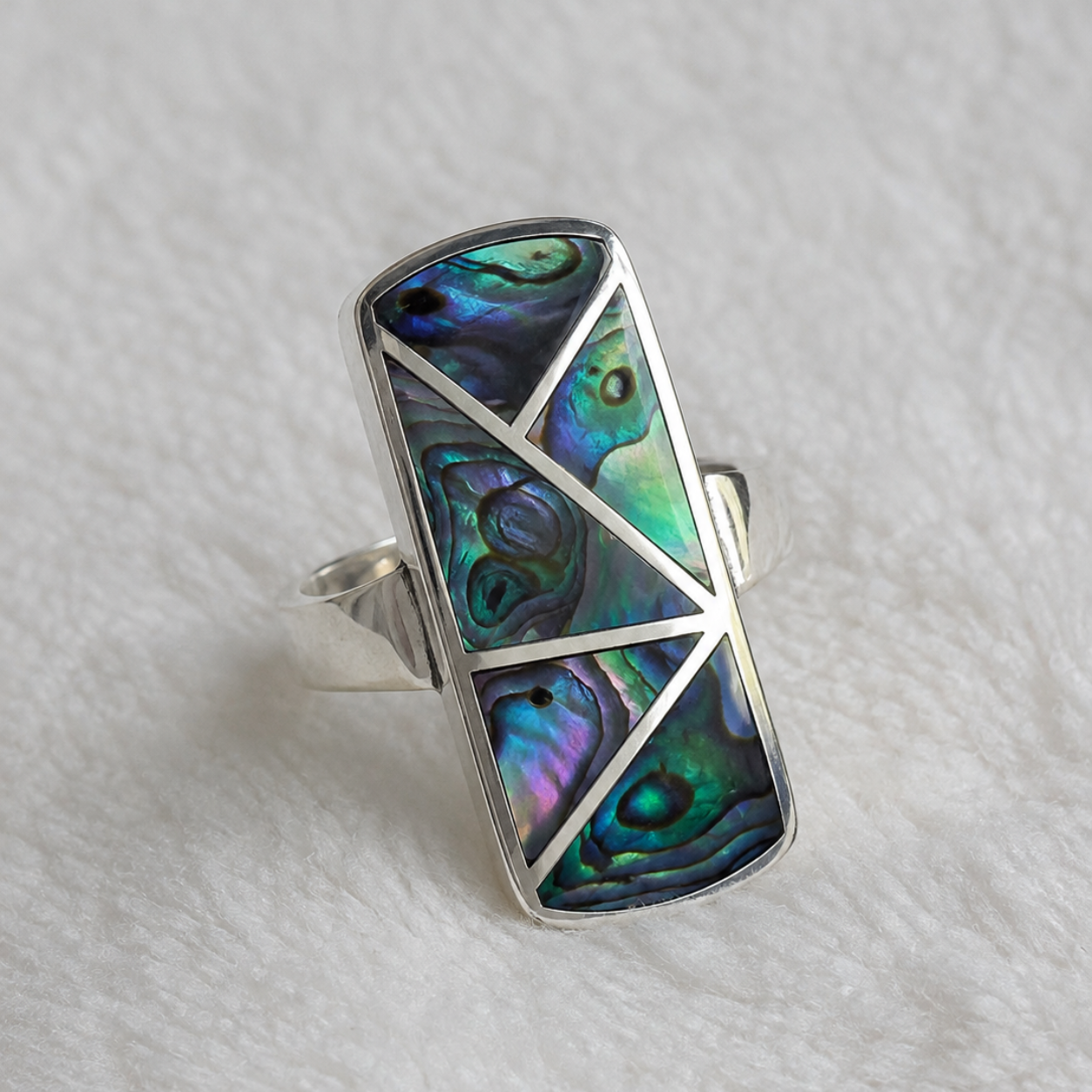 Geometric Abalone Shell Statement Ring