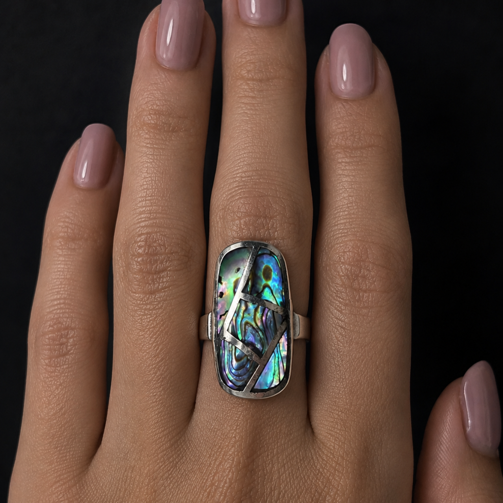 Geometric Abalone Shell Statement Ring