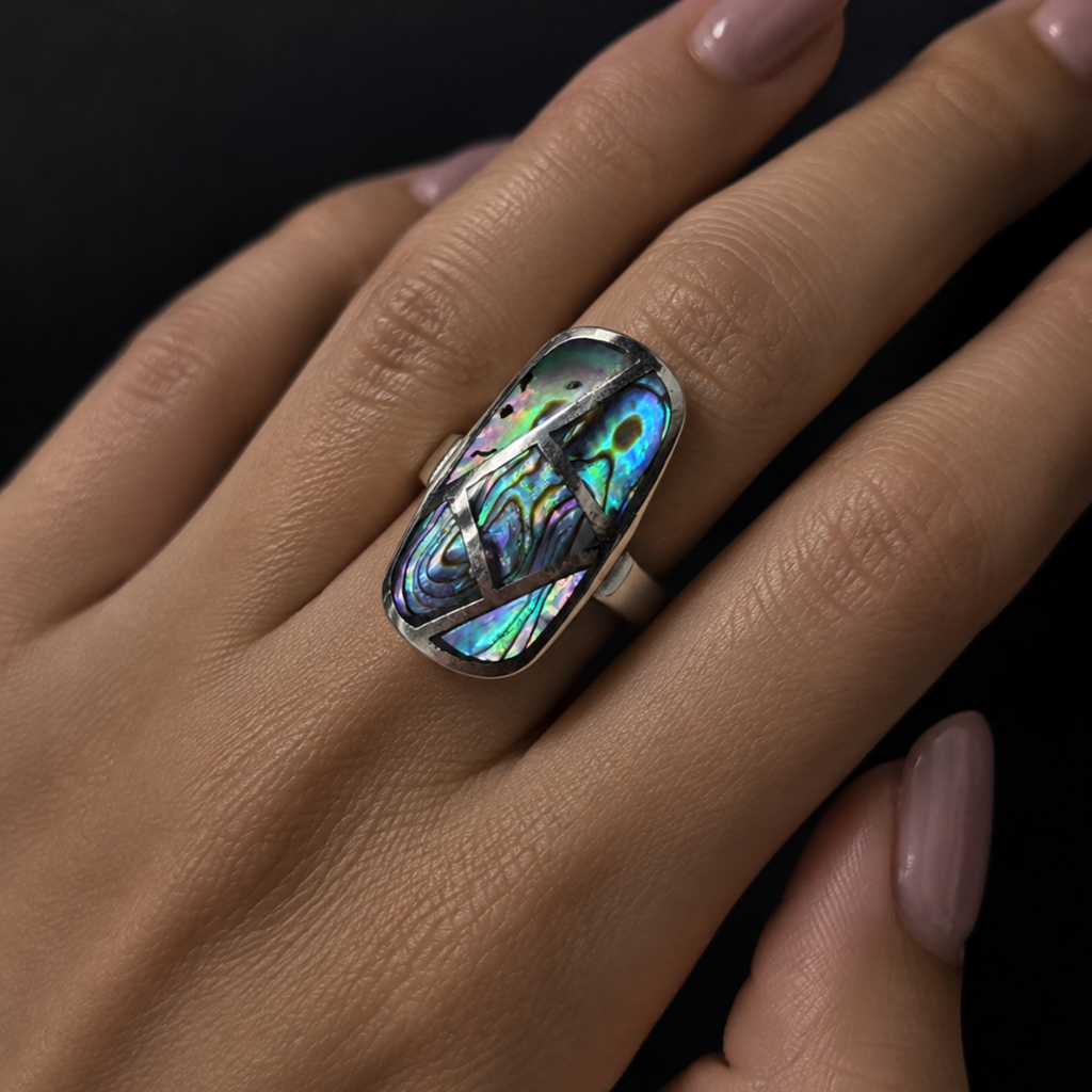 Geometric Abalone Shell Statement Ring