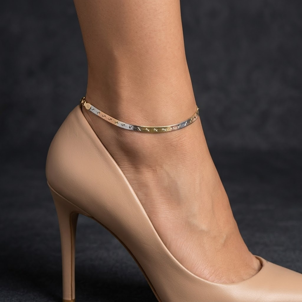Tri-Tone Herringbone Star Chain Anklet