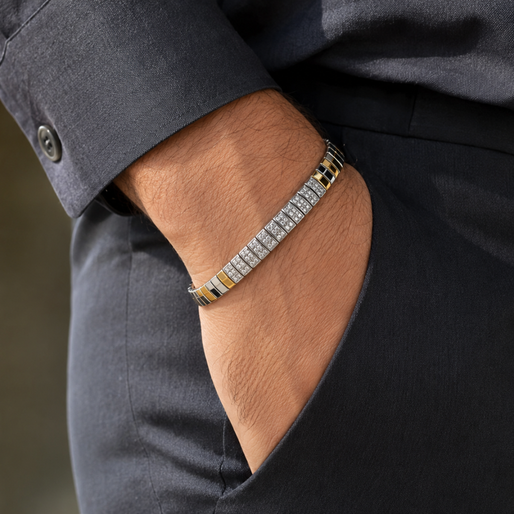 Dual-Tone CZ Link Bracelet for Men