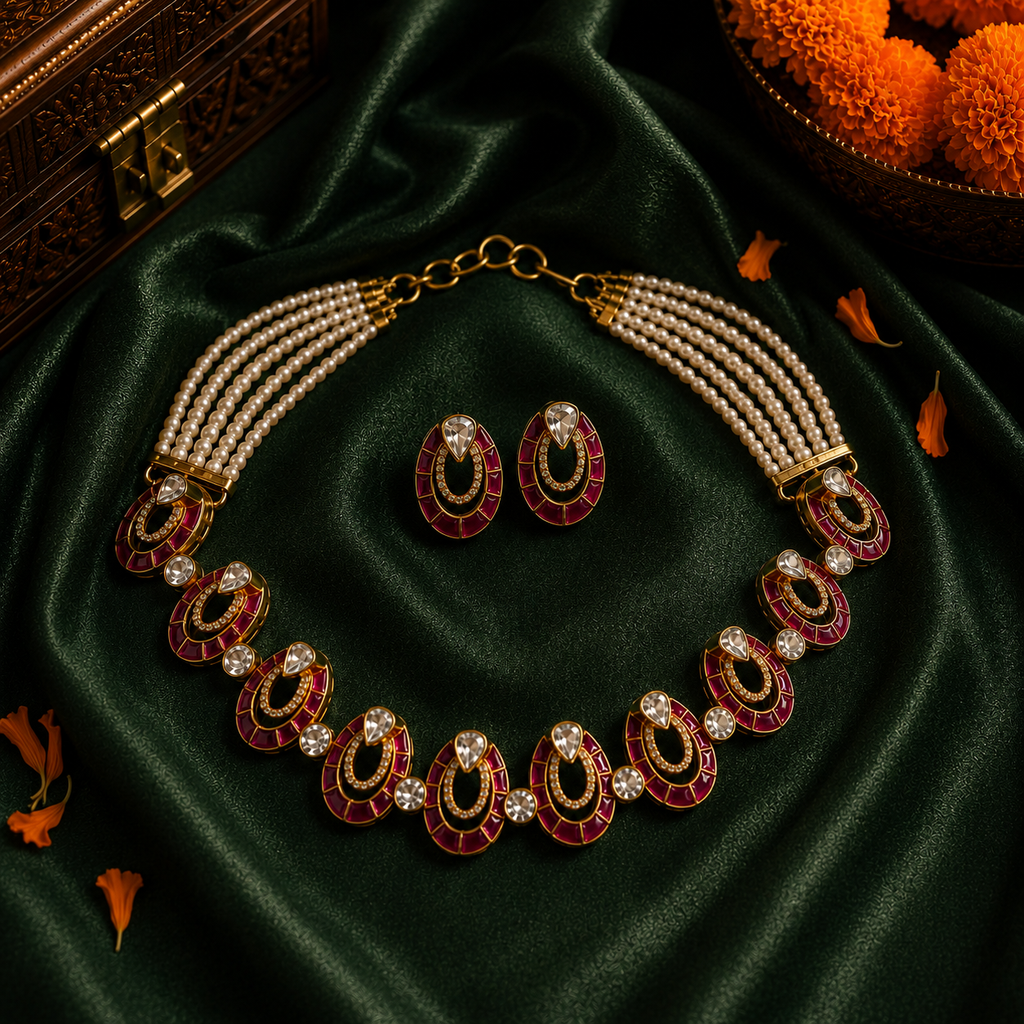 Ruby Kundan Horseshoe Choker & Earring Set