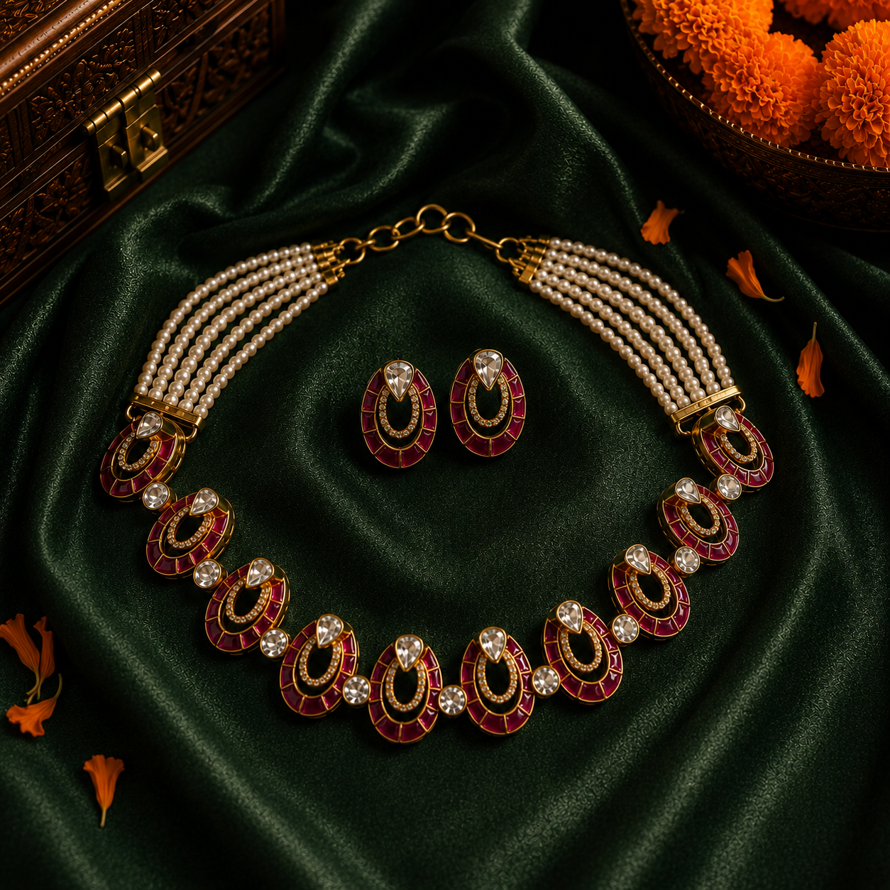 Ruby Kundan Horseshoe Choker & Earring Set
