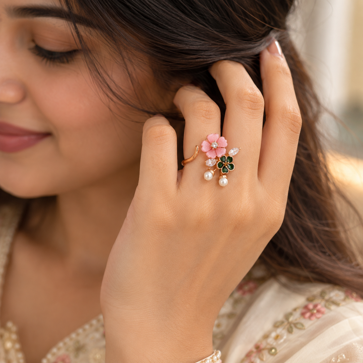 Cherry Blossom & Clover Pearl Ring
