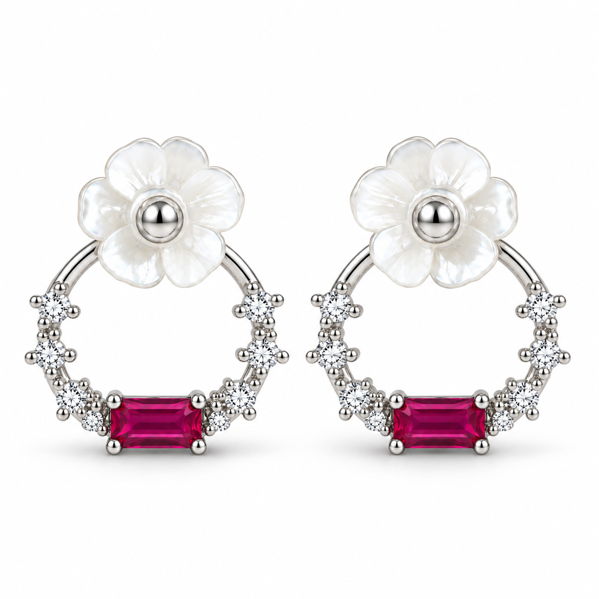 Flower & Pink CZ Circle Studs