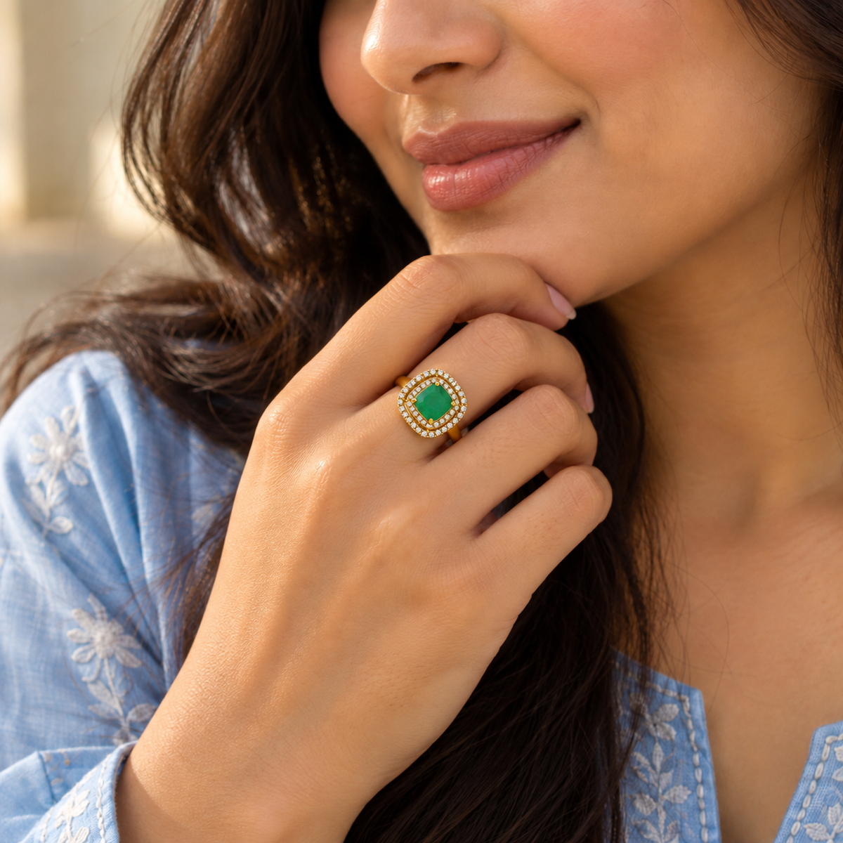 Emerald Double Halo Ring