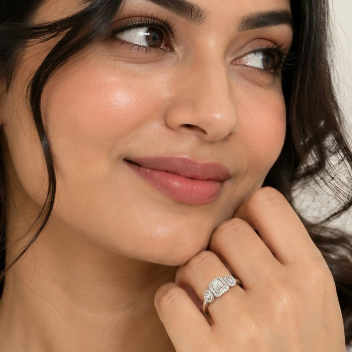 Baguette Cluster Three-Stone Halo Ring