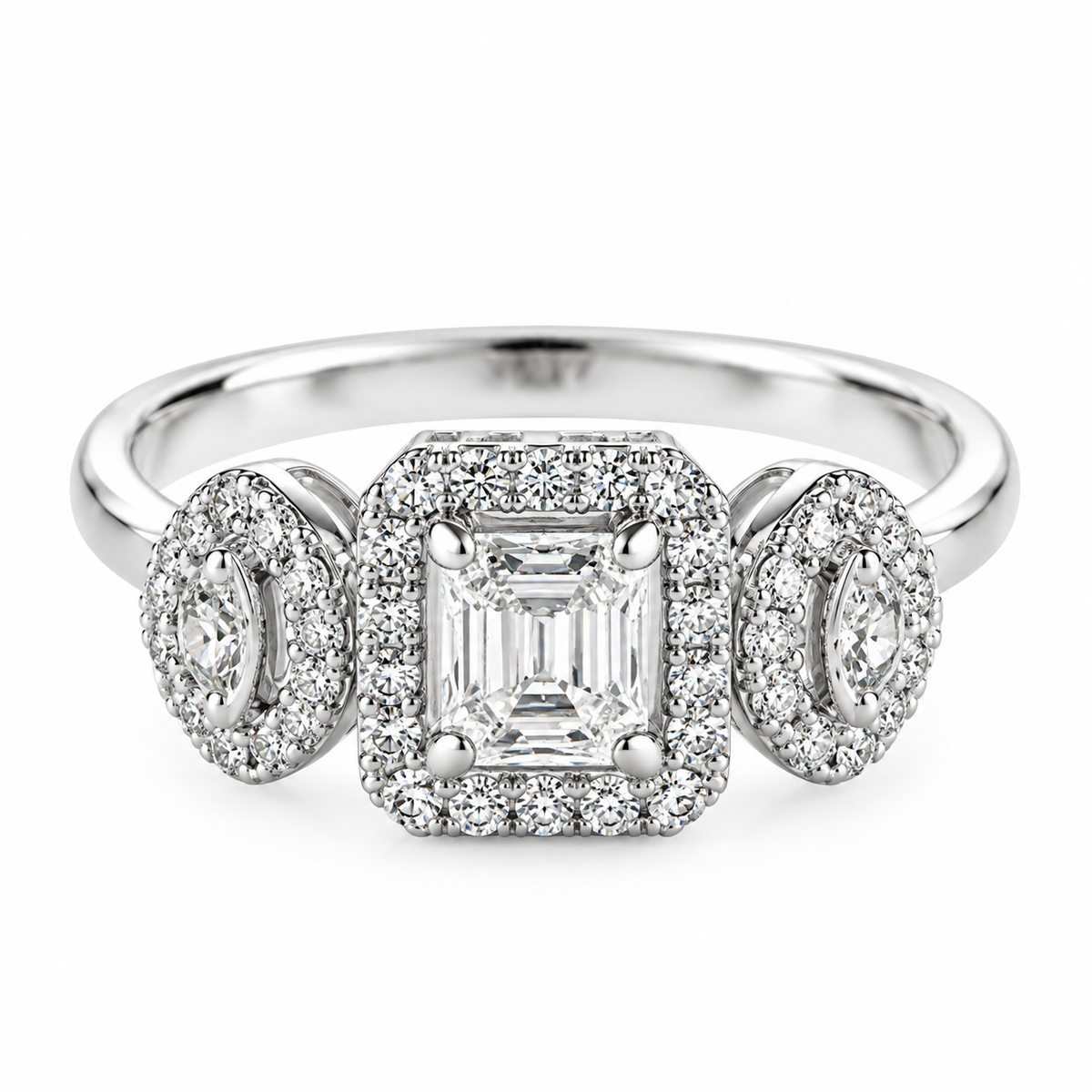 Baguette Cluster Three-Stone Halo Ring