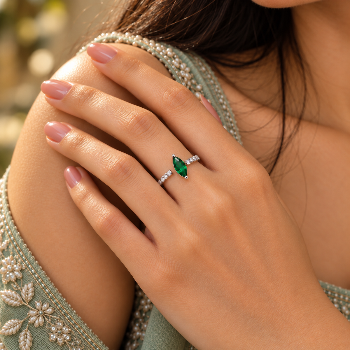 Marquise Emerald CZ Open Cuff Ring