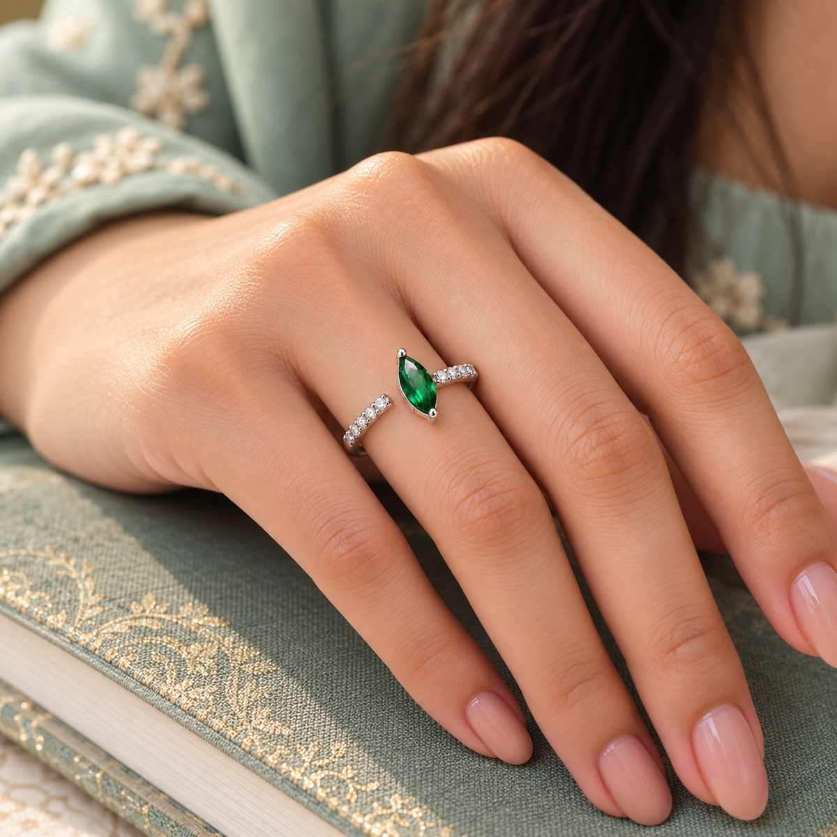 Marquise Emerald CZ Open Cuff Ring