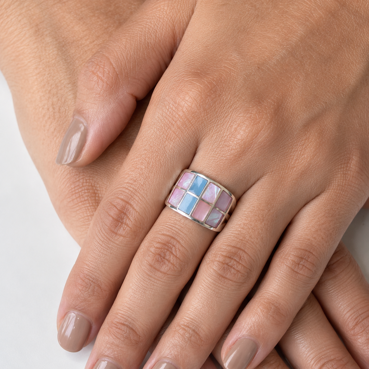 Mosaic Grid Shell Square Ring