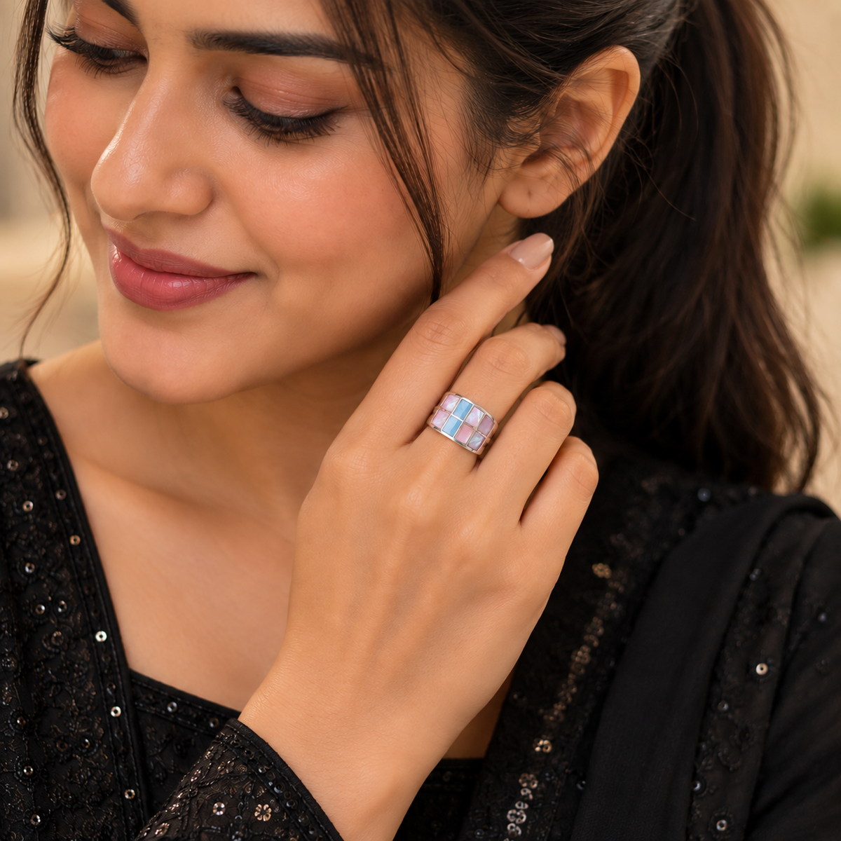 Mosaic Grid Shell Square Ring