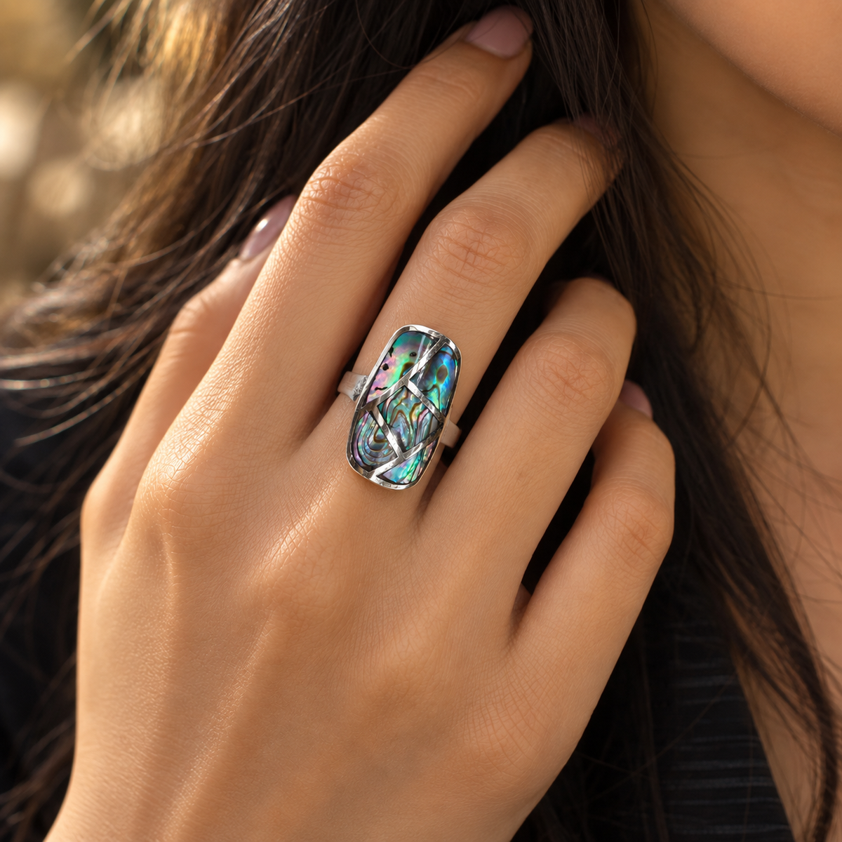 Geometric Abalone Shell Statement Ring
