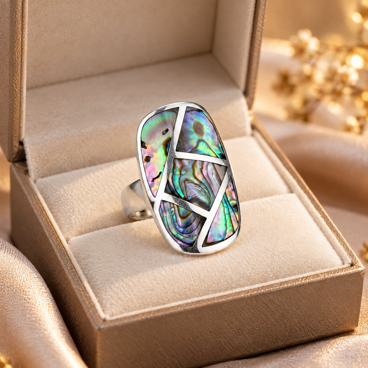Geometric Abalone Shell Statement Ring