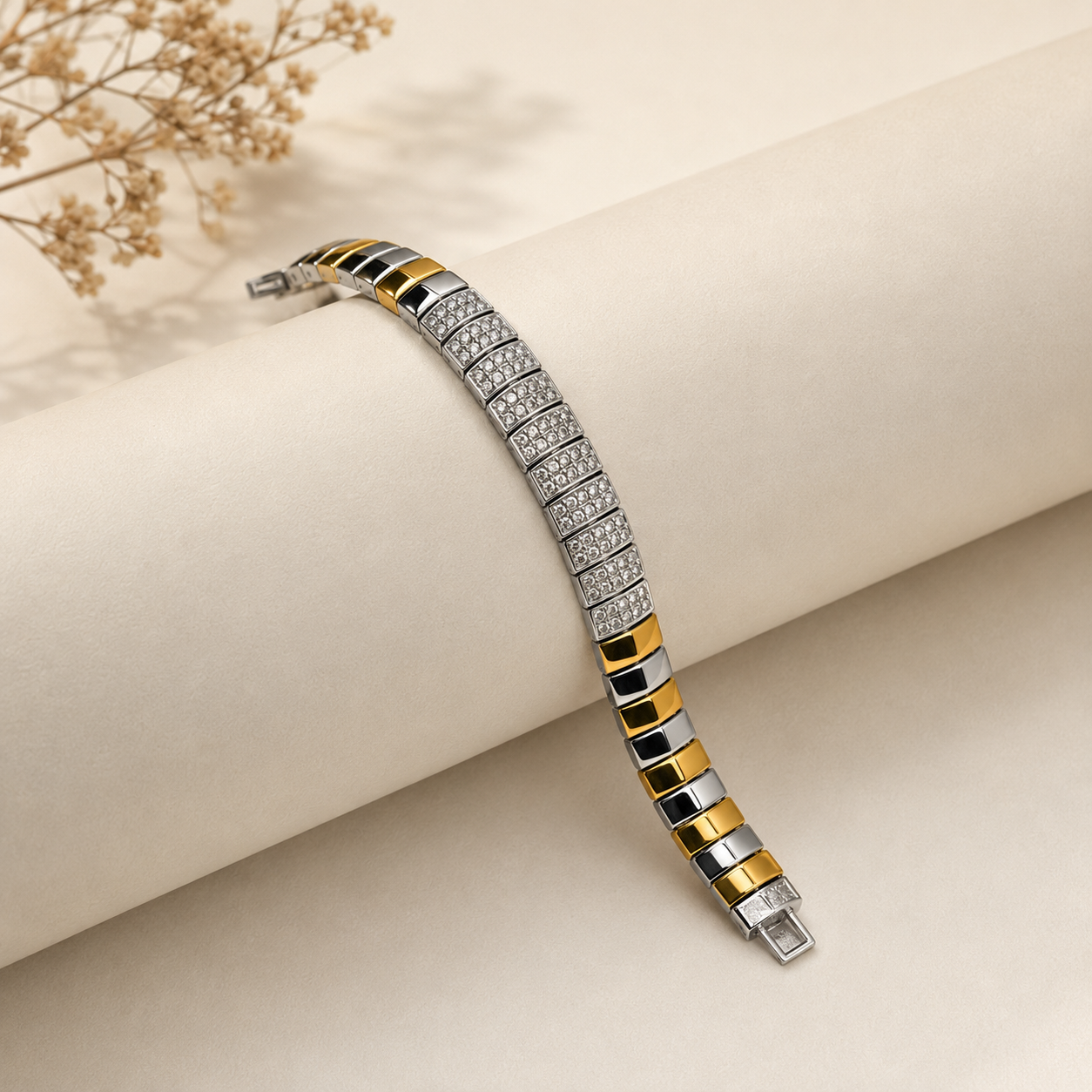 Dual-Tone CZ Link Bracelet for Men