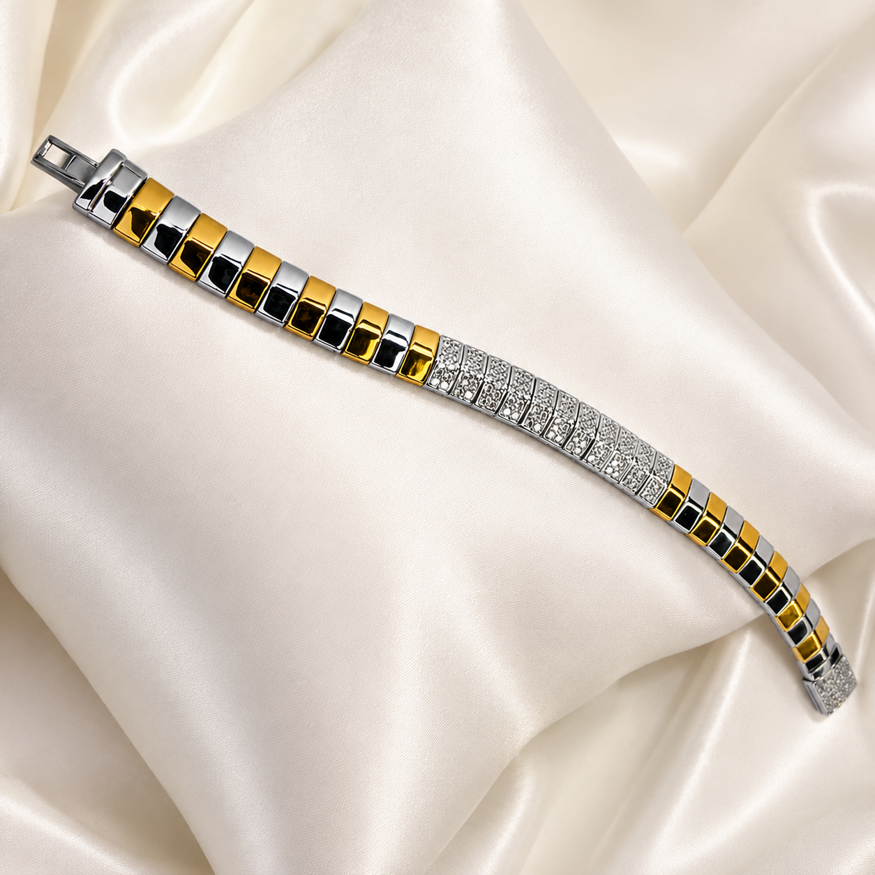 Dual-Tone CZ Link Bracelet for Men